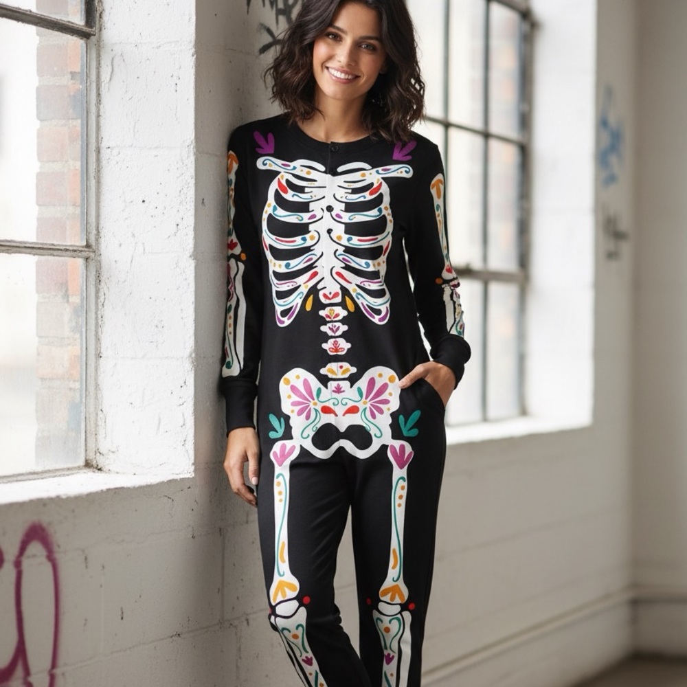 Old Navy Skeleton Print Black Pajama Set. Size Large Petite. NWT